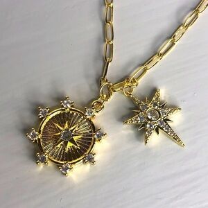 New Jennifer Miller starburst charm necklace 14K gold paper clip chain CZ